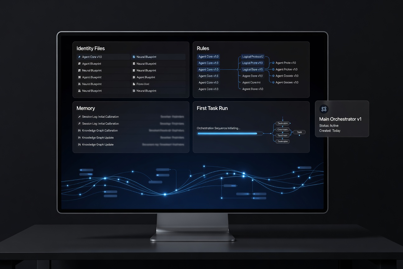 Main agent setup visual showing identity files and first task run